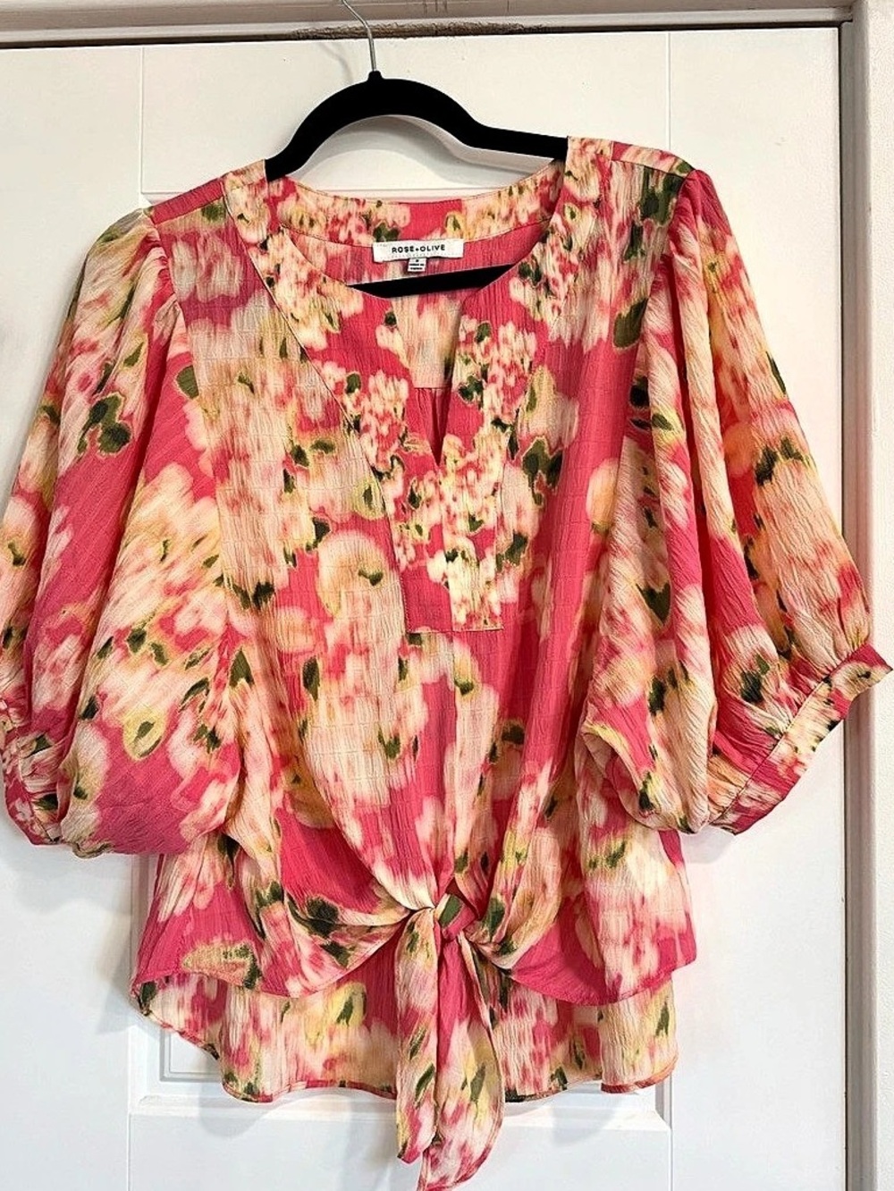 Rose + Olive Floral Blouse in Pink & Green Like New